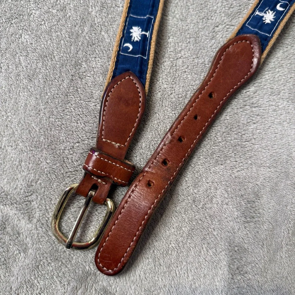 South Carolina Ribbon Belt Men 40 Flag Moon Palmetto Canvas Leather Brass Buckle